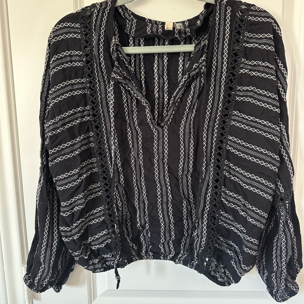 Elan Tribal Geometric Blouse with Crochet Details